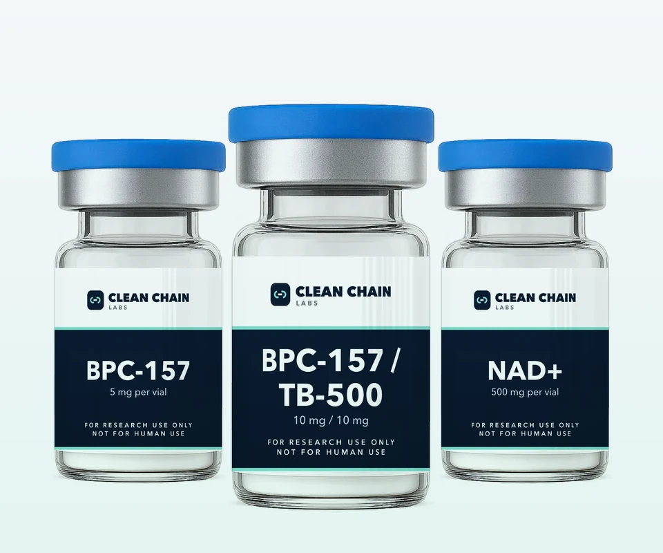 Clean Chain Labs BPC-157, BPC-157 and TB-500 blend, and NAD+ vials