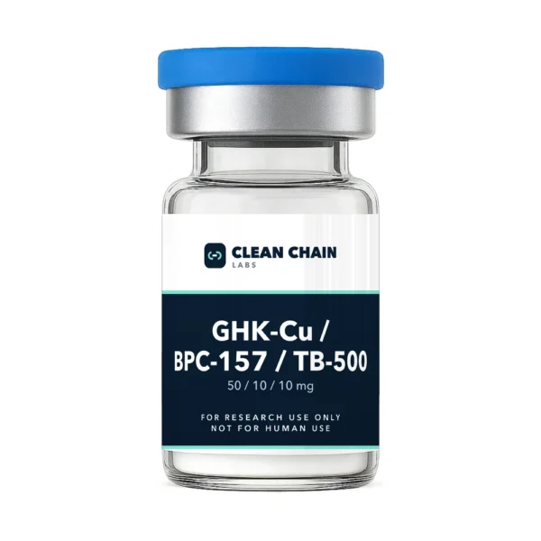 Clean Chain Labs GHK-Cu / BPC-157 / TB-500 Blend (50mg / 10mg / 10mg) research vial labeled For Research Use Only, Not for Human Use