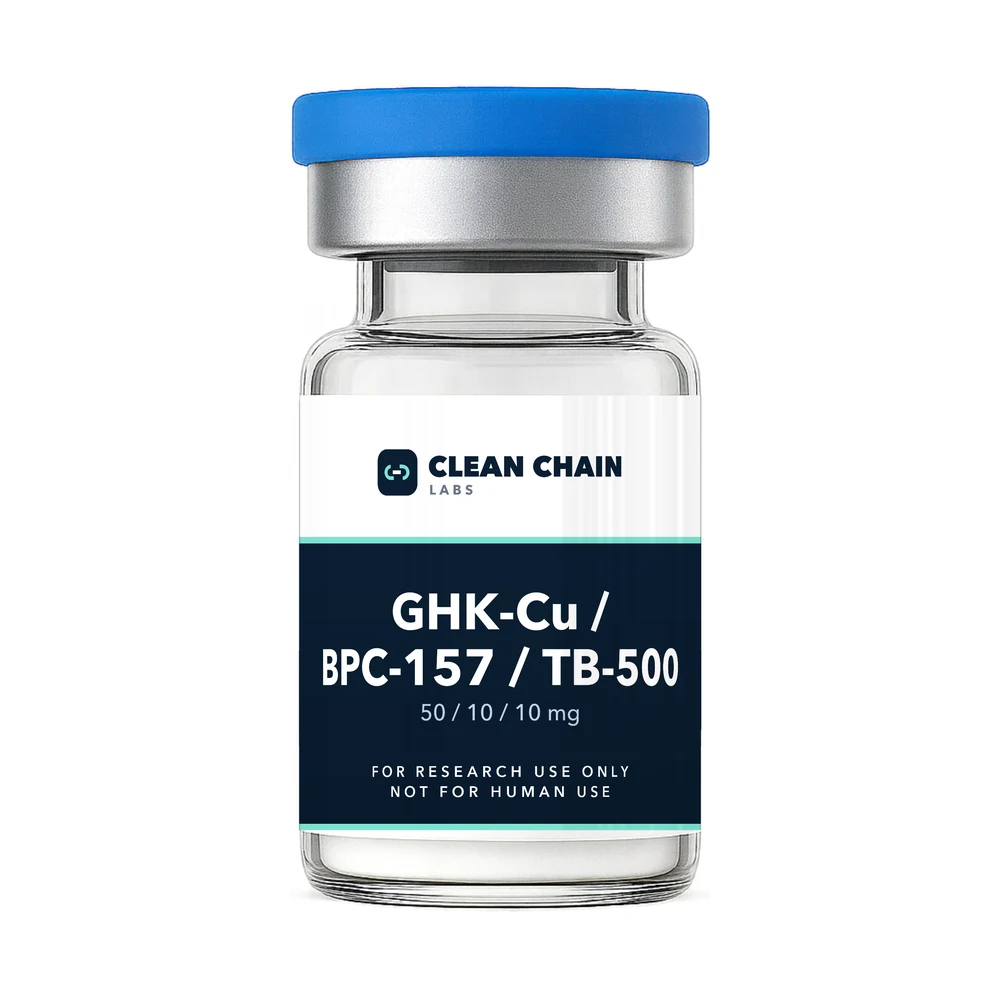 Clean Chain Labs GHK-Cu / BPC-157 / TB-500 Blend (50mg / 10mg / 10mg) research vial labeled For Research Use Only, Not for Human Use