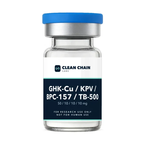 Clean Chain Labs GHK-Cu / KPV / BPC-157 / TB-500 Blend (50mg / 10mg / 10mg / 10mg) research vial labeled For Research Use Only, Not for Human Use