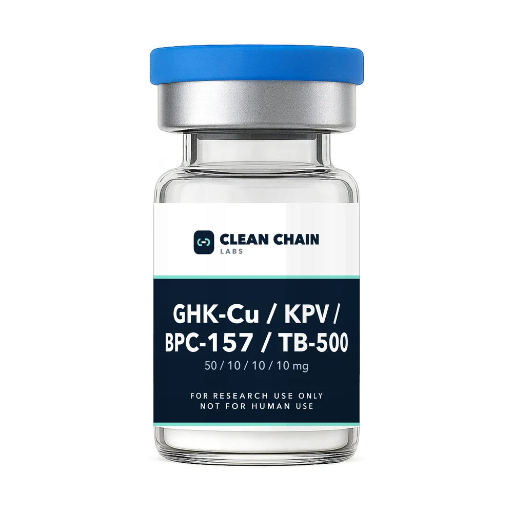 Clean Chain Labs GHK-Cu / KPV / BPC-157 / TB-500 Blend (50mg / 10mg / 10mg / 10mg) research vial labeled For Research Use Only, Not for Human Use