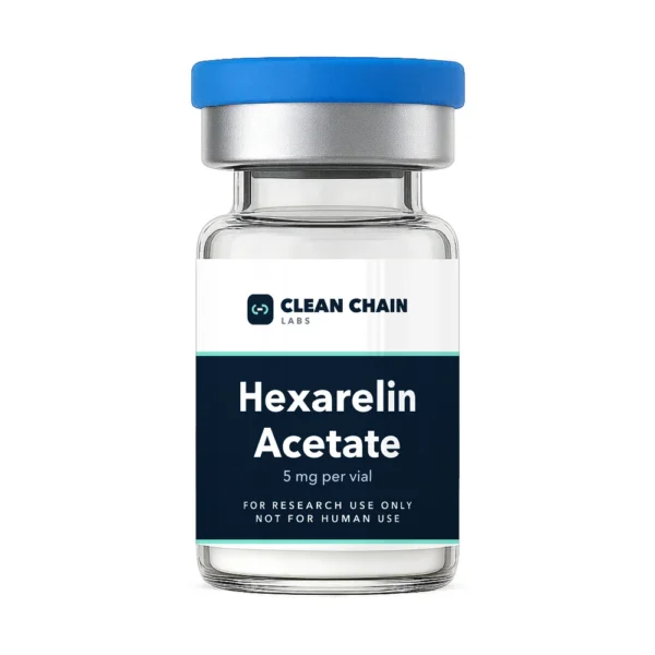 Clean Chain Labs Hexarelin Acetate (5mg) research vial labeled For Research Use Only, Not for Human Use