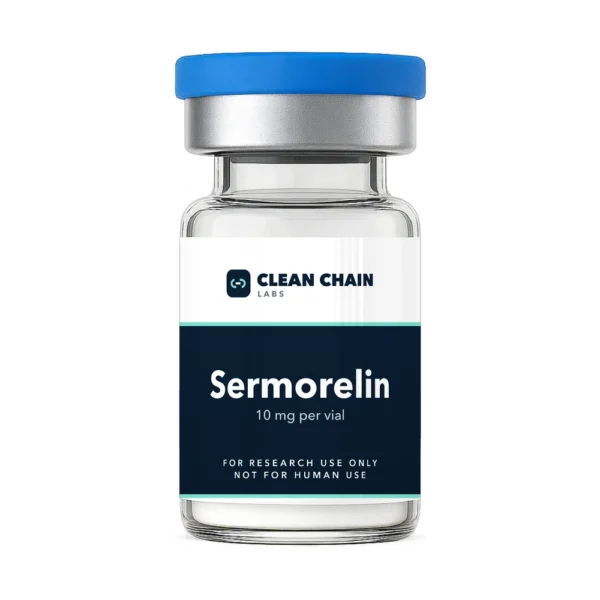 Clean Chain Labs Sermorelin (10mg) research vial labeled For Research Use Only, Not for Human Use