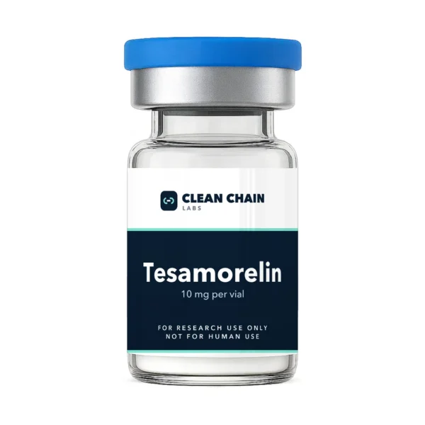 Clean Chain Labs Tesamorelin (10mg) research vial labeled For Research Use Only, Not for Human Use