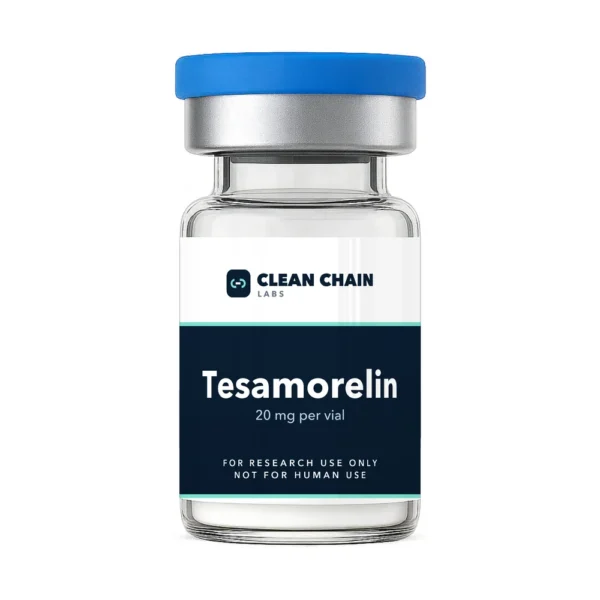 Clean Chain Labs Tesamorelin (20mg) research vial labeled For Research Use Only, Not for Human Use