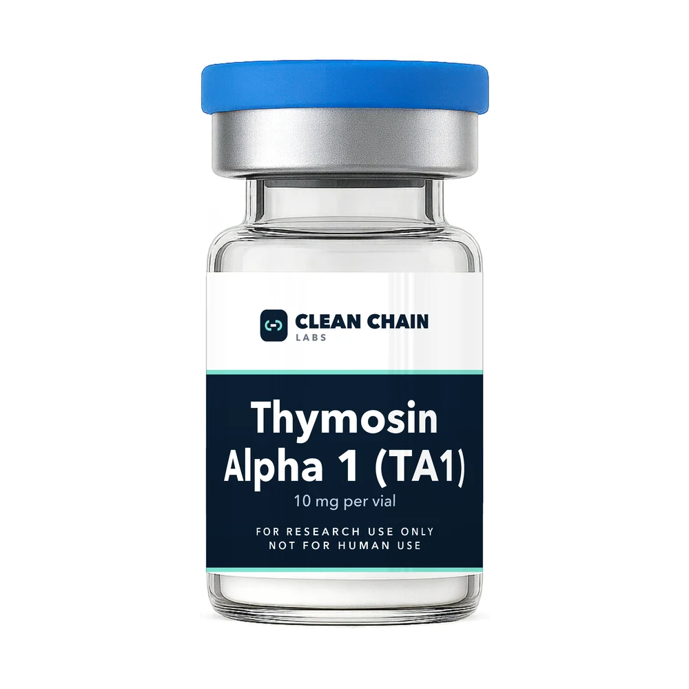 Clean Chain Labs Thymosin Alpha 1 (TA1) (10mg) research vial labeled For Research Use Only, Not for Human Use