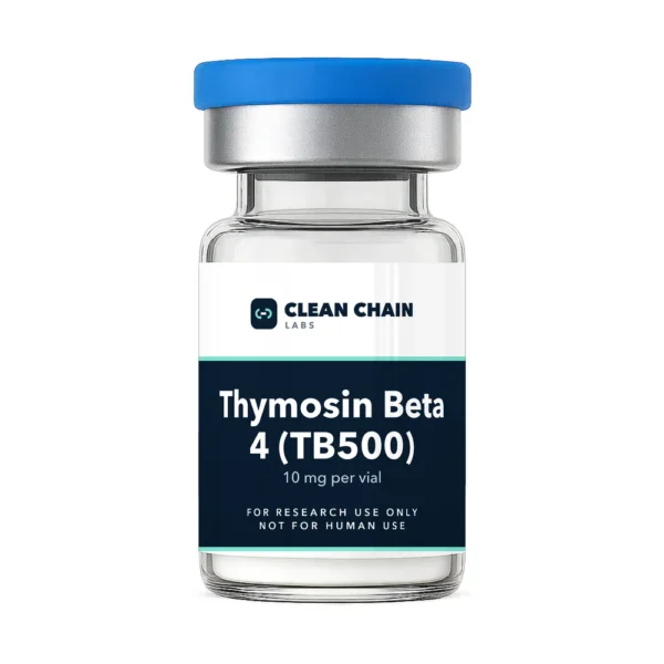Clean Chain Labs Thymosin Beta 4 (TB500) (10mg) research vial labeled For Research Use Only, Not for Human Use
