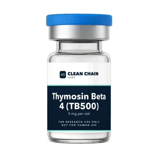 Clean Chain Labs Thymosin Beta 4 (TB500) (5mg) research vial labeled For Research Use Only, Not for Human Use